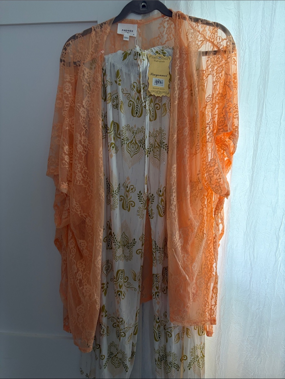 Orange sheer lace kimono with cream olive and peachy orange boho pants nwt